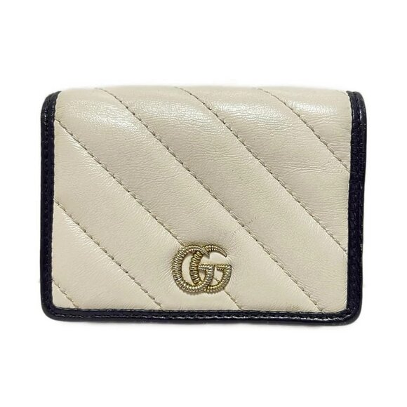 Auth GUCCI GG Marmont 573811 Cream Black Leather - Bifold Wallet - Picture 1 of 7